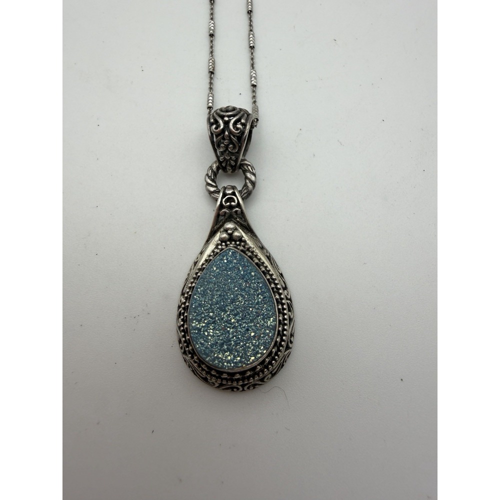 Sarda Bali 925 Sterling Silver Paraiba Blue Drusy Pendant Necklace 19"